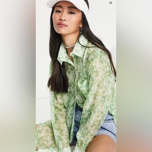 Glamorous oversized mesh shirt in apple green ditsy print